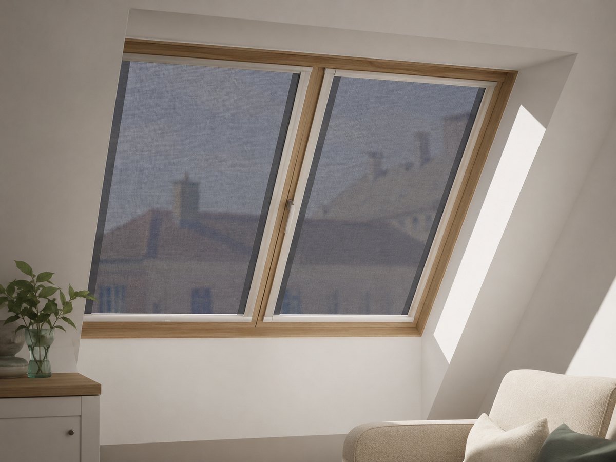Ventana de tejado Velux con mosquitera en una buhardilla